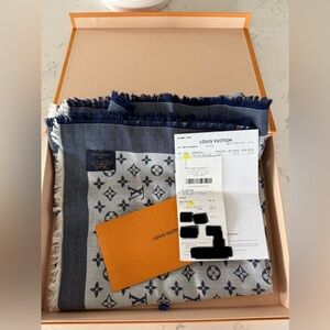 Louis Vuitton Monogram Denim Shawl Blue Silk Wool M71376